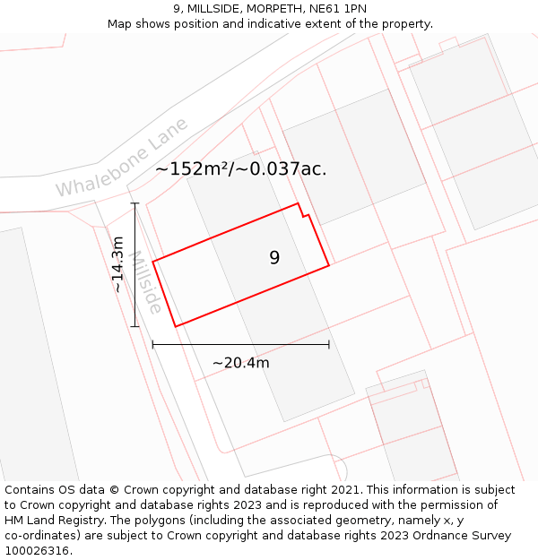 9, MILLSIDE, MORPETH, NE61 1PN: Plot and title map