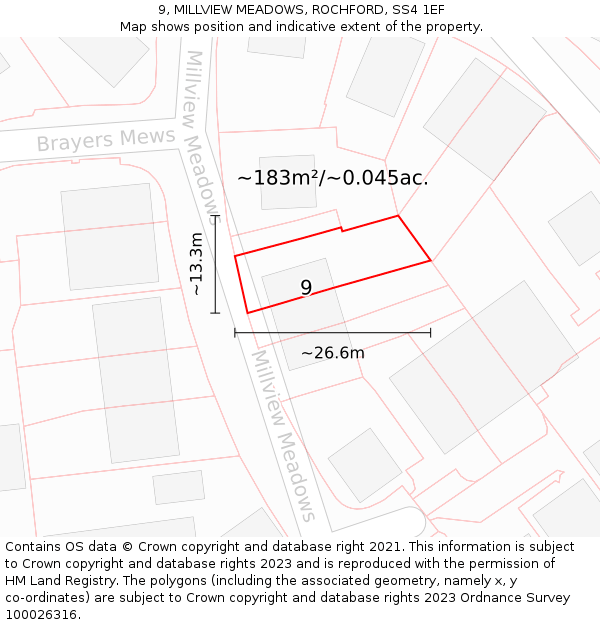 9, MILLVIEW MEADOWS, ROCHFORD, SS4 1EF: Plot and title map