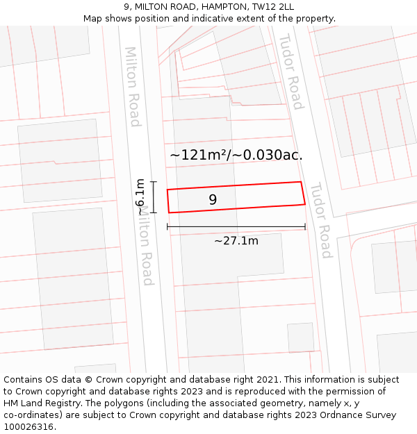 9, MILTON ROAD, HAMPTON, TW12 2LL: Plot and title map