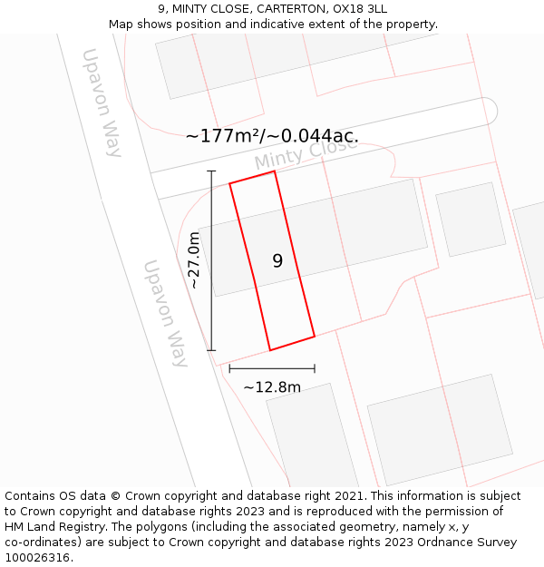 9, MINTY CLOSE, CARTERTON, OX18 3LL: Plot and title map