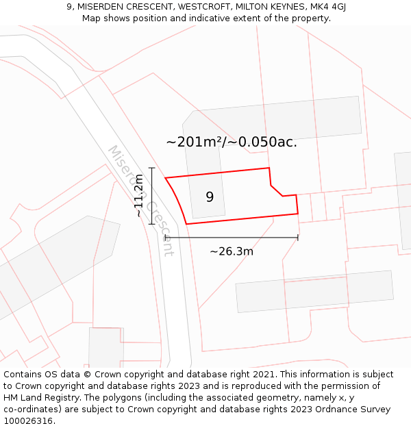 9, MISERDEN CRESCENT, WESTCROFT, MILTON KEYNES, MK4 4GJ: Plot and title map