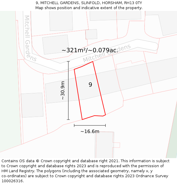 9, MITCHELL GARDENS, SLINFOLD, HORSHAM, RH13 0TY: Plot and title map