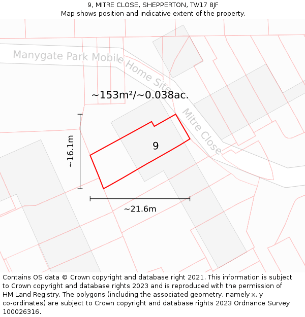 9, MITRE CLOSE, SHEPPERTON, TW17 8JF: Plot and title map