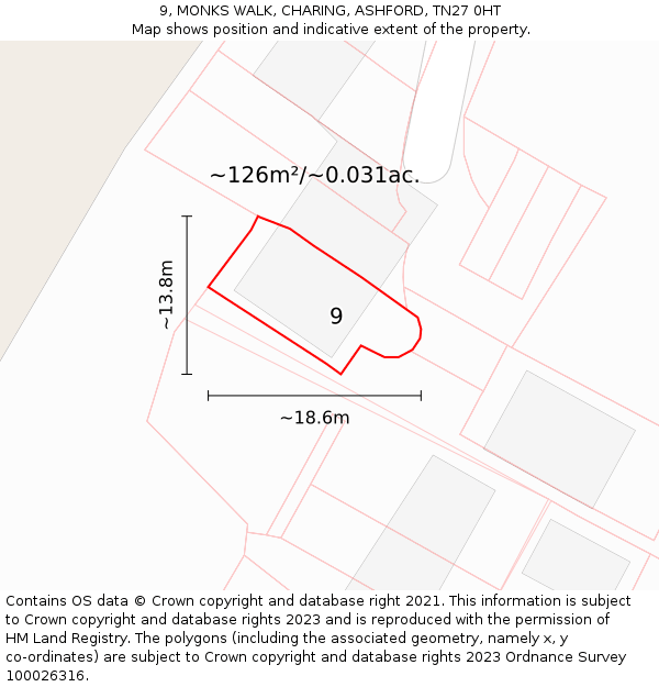 9, MONKS WALK, CHARING, ASHFORD, TN27 0HT: Plot and title map
