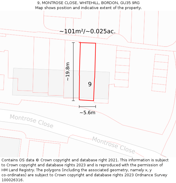 9, MONTROSE CLOSE, WHITEHILL, BORDON, GU35 9RG: Plot and title map