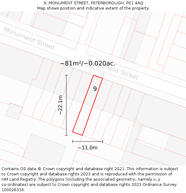 9, MONUMENT STREET, PETERBOROUGH, PE1 4AQ: Plot and title map