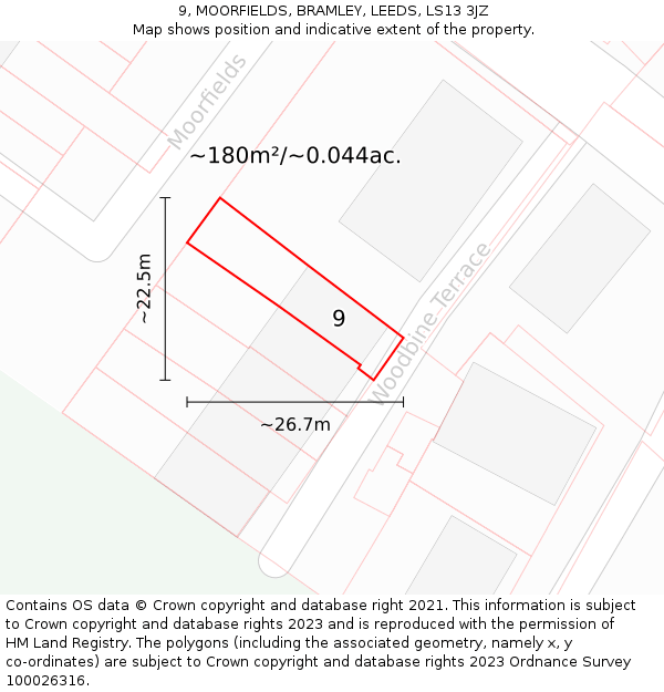 9, MOORFIELDS, BRAMLEY, LEEDS, LS13 3JZ: Plot and title map