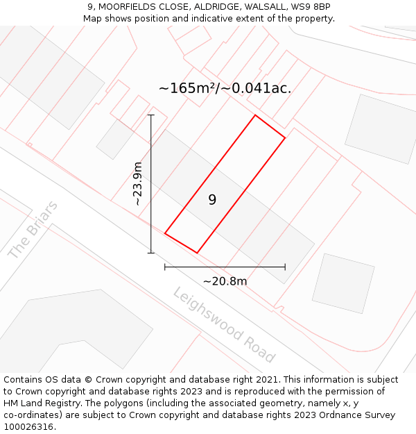 9, MOORFIELDS CLOSE, ALDRIDGE, WALSALL, WS9 8BP: Plot and title map