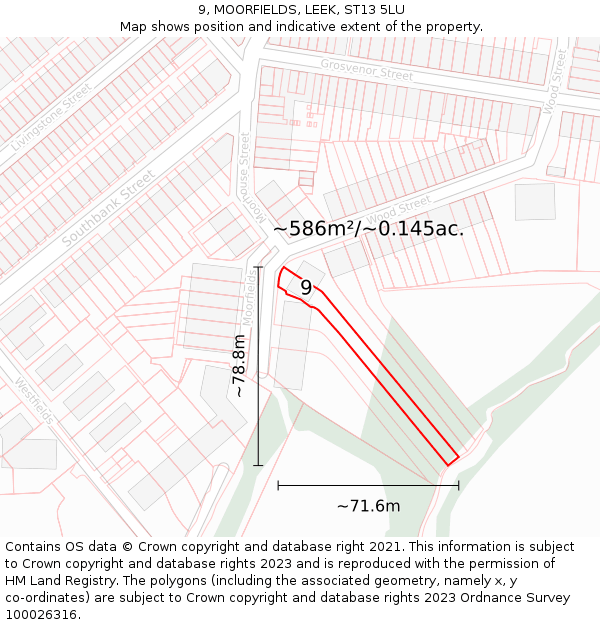 9, MOORFIELDS, LEEK, ST13 5LU: Plot and title map