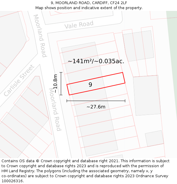 9, MOORLAND ROAD, CARDIFF, CF24 2LF: Plot and title map