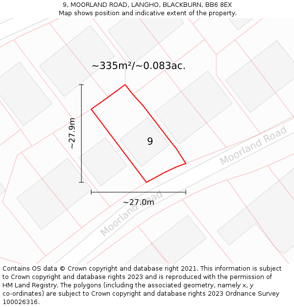 9, MOORLAND ROAD, LANGHO, BLACKBURN, BB6 8EX: Plot and title map