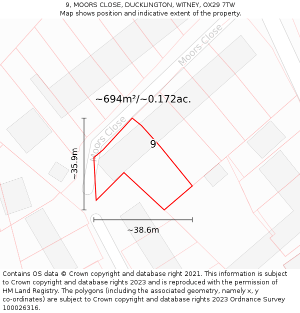 9, MOORS CLOSE, DUCKLINGTON, WITNEY, OX29 7TW: Plot and title map