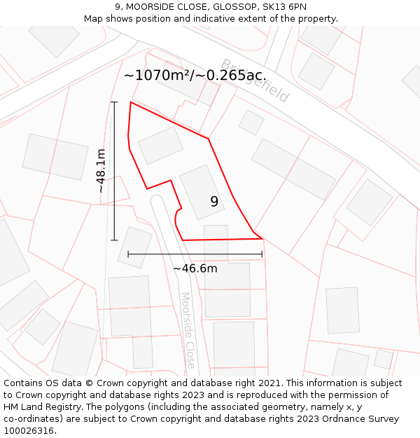 9, MOORSIDE CLOSE, GLOSSOP, SK13 6PN: Plot and title map