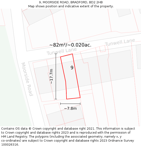 9, MOORSIDE ROAD, BRADFORD, BD2 2HB: Plot and title map