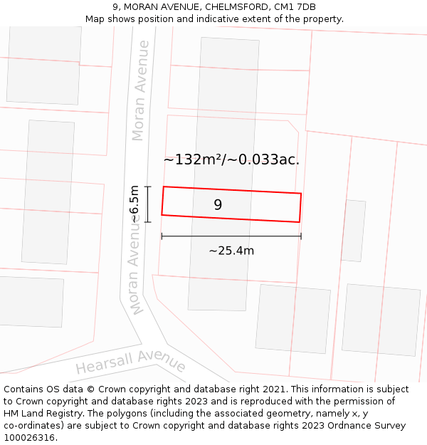 9, MORAN AVENUE, CHELMSFORD, CM1 7DB: Plot and title map