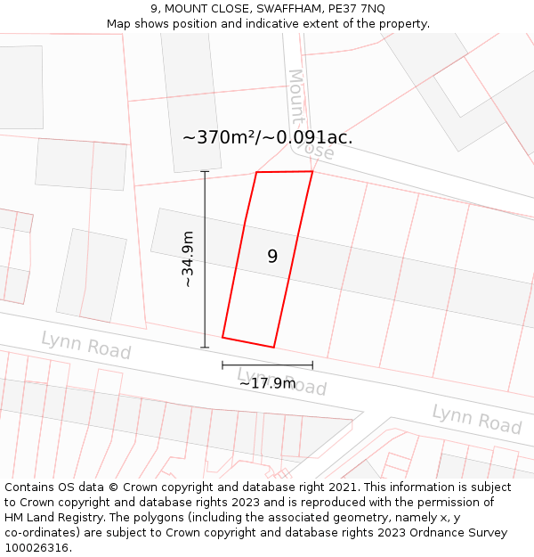 9, MOUNT CLOSE, SWAFFHAM, PE37 7NQ: Plot and title map