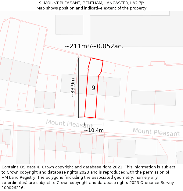9, MOUNT PLEASANT, BENTHAM, LANCASTER, LA2 7JY: Plot and title map