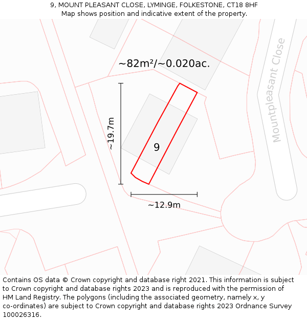 9, MOUNT PLEASANT CLOSE, LYMINGE, FOLKESTONE, CT18 8HF: Plot and title map