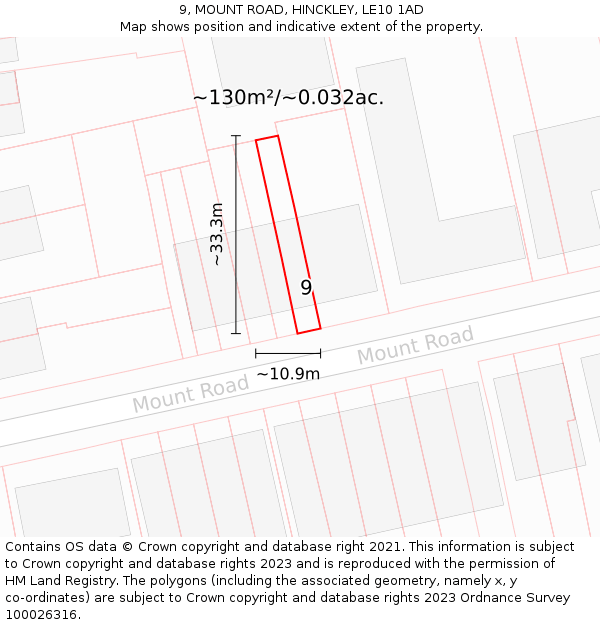9, MOUNT ROAD, HINCKLEY, LE10 1AD: Plot and title map