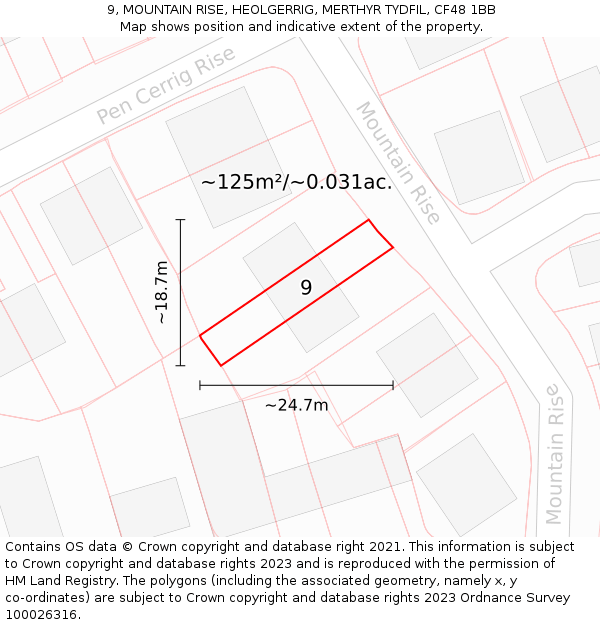 9, MOUNTAIN RISE, HEOLGERRIG, MERTHYR TYDFIL, CF48 1BB: Plot and title map