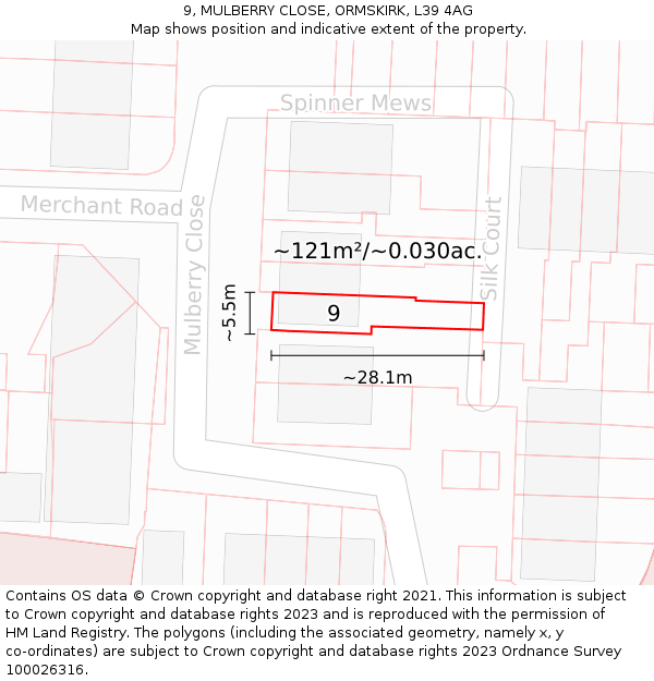 9, MULBERRY CLOSE, ORMSKIRK, L39 4AG: Plot and title map