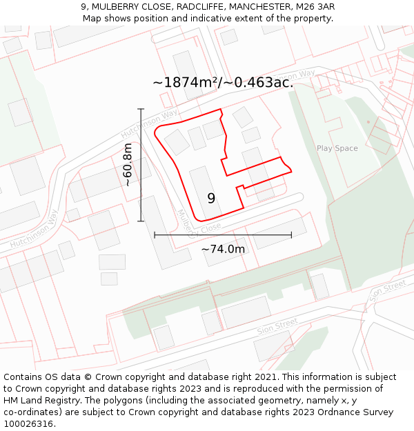 9, MULBERRY CLOSE, RADCLIFFE, MANCHESTER, M26 3AR: Plot and title map