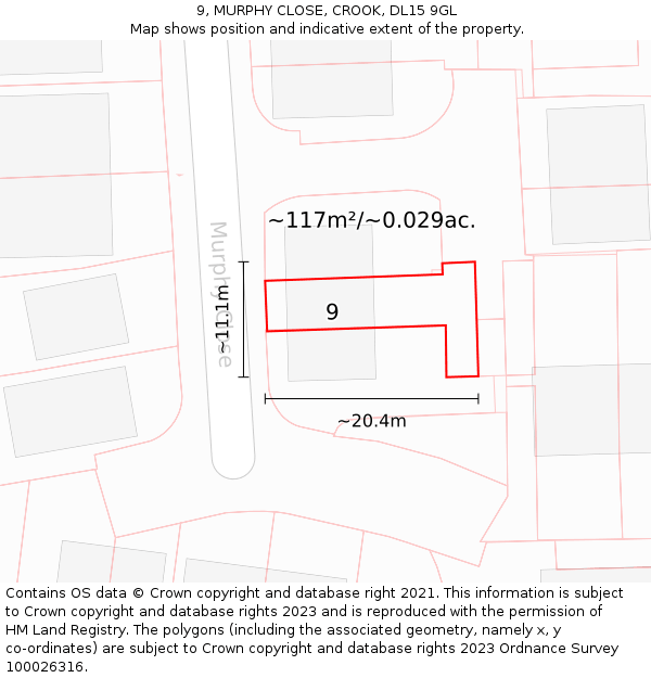 9, MURPHY CLOSE, CROOK, DL15 9GL: Plot and title map