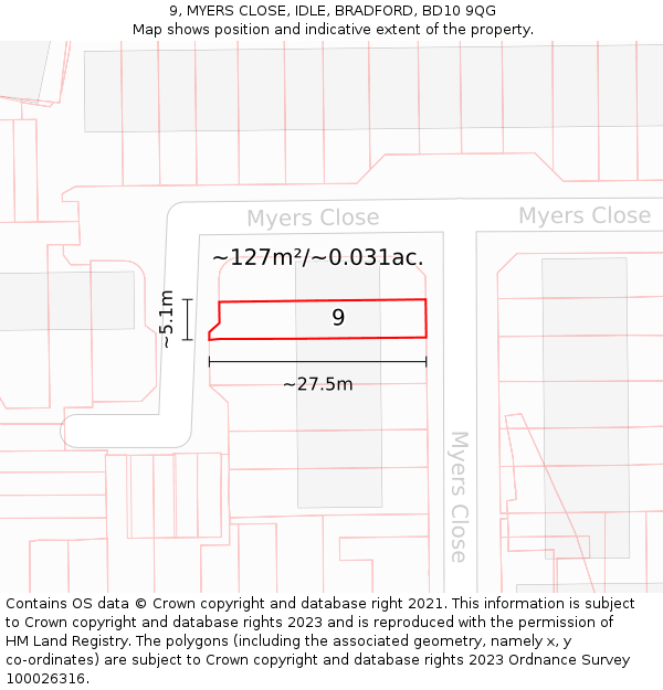 9, MYERS CLOSE, IDLE, BRADFORD, BD10 9QG: Plot and title map