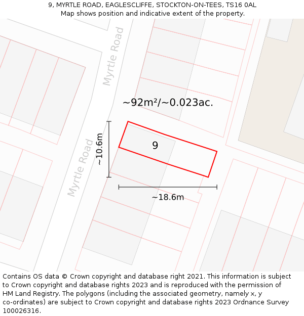 9, MYRTLE ROAD, EAGLESCLIFFE, STOCKTON-ON-TEES, TS16 0AL: Plot and title map
