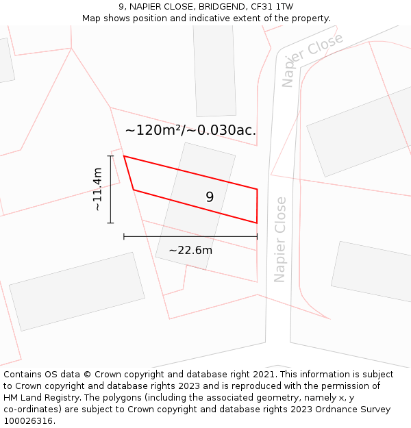 9, NAPIER CLOSE, BRIDGEND, CF31 1TW: Plot and title map