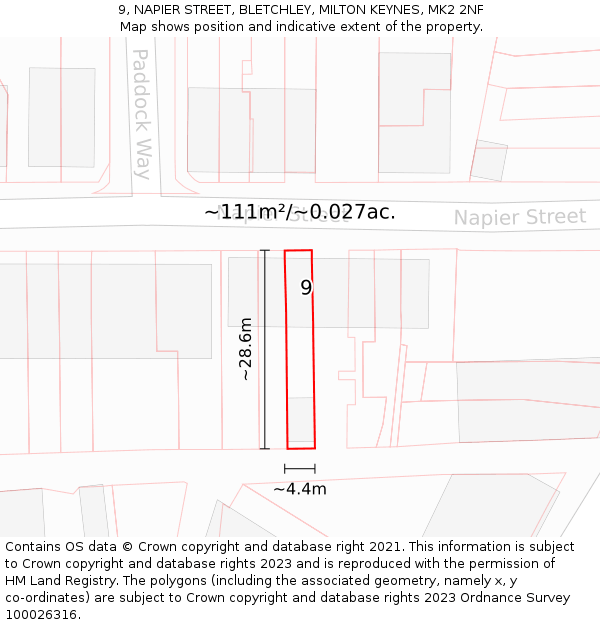 9, NAPIER STREET, BLETCHLEY, MILTON KEYNES, MK2 2NF: Plot and title map