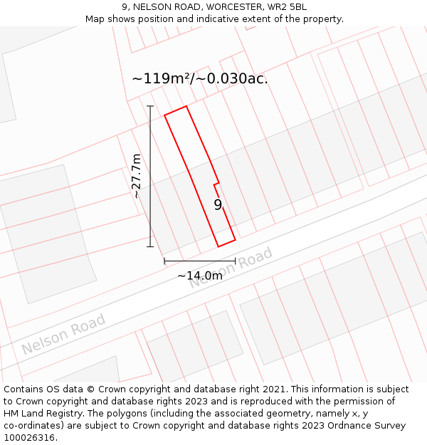 9, NELSON ROAD, WORCESTER, WR2 5BL: Plot and title map