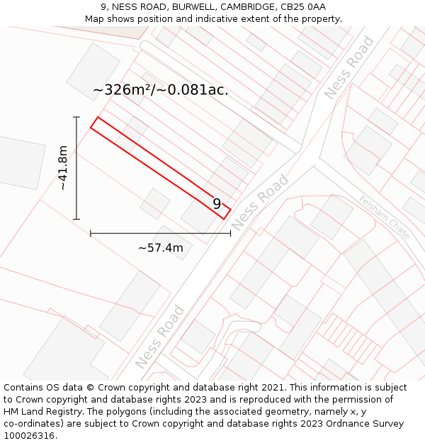 9, NESS ROAD, BURWELL, CAMBRIDGE, CB25 0AA: Plot and title map