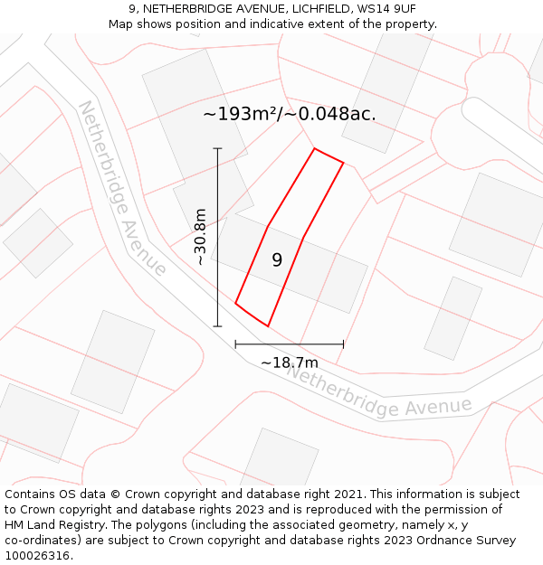 9, NETHERBRIDGE AVENUE, LICHFIELD, WS14 9UF: Plot and title map