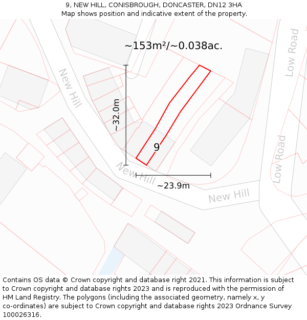 9, NEW HILL, CONISBROUGH, DONCASTER, DN12 3HA: Plot and title map