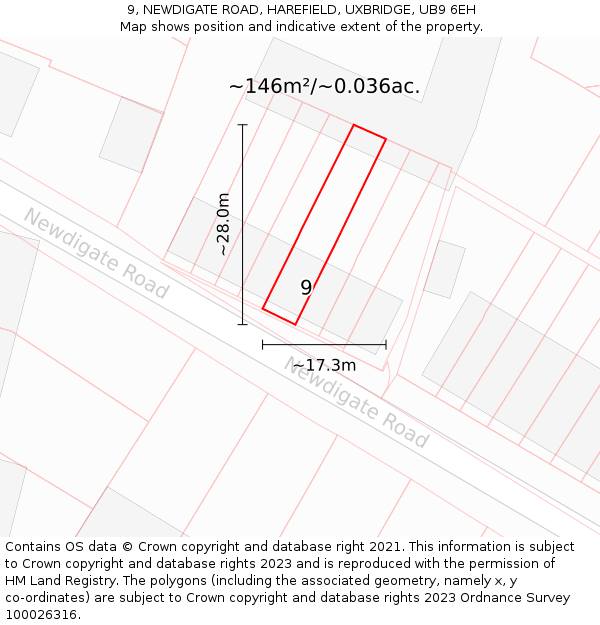 9, NEWDIGATE ROAD, HAREFIELD, UXBRIDGE, UB9 6EH: Plot and title map