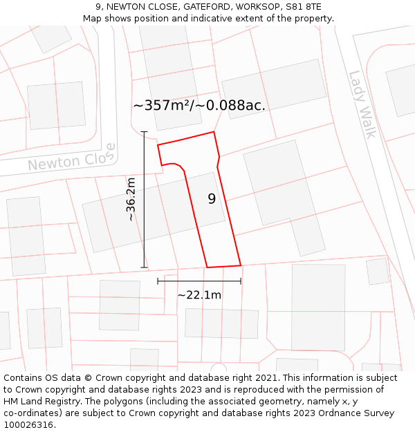 9, NEWTON CLOSE, GATEFORD, WORKSOP, S81 8TE: Plot and title map