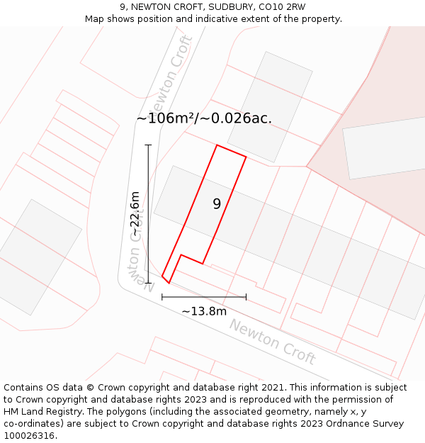 9, NEWTON CROFT, SUDBURY, CO10 2RW: Plot and title map