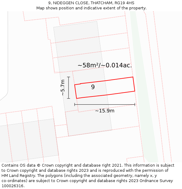 9, NIDEGGEN CLOSE, THATCHAM, RG19 4HS: Plot and title map