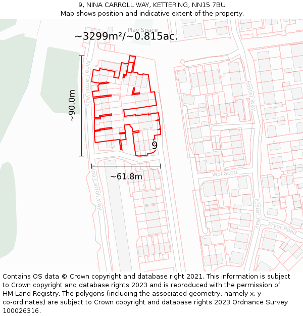 9, NINA CARROLL WAY, KETTERING, NN15 7BU: Plot and title map