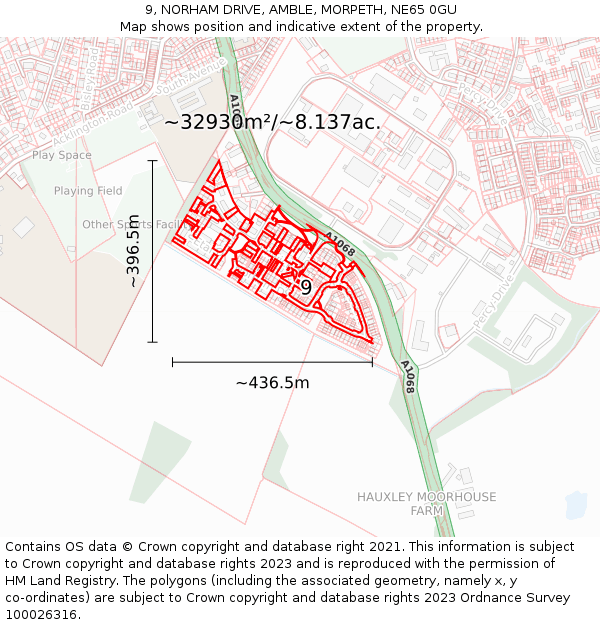9, NORHAM DRIVE, AMBLE, MORPETH, NE65 0GU: Plot and title map