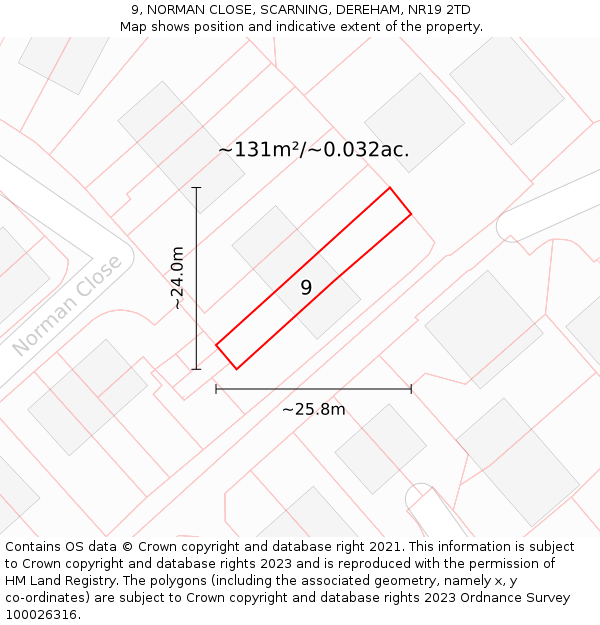 9, NORMAN CLOSE, SCARNING, DEREHAM, NR19 2TD: Plot and title map