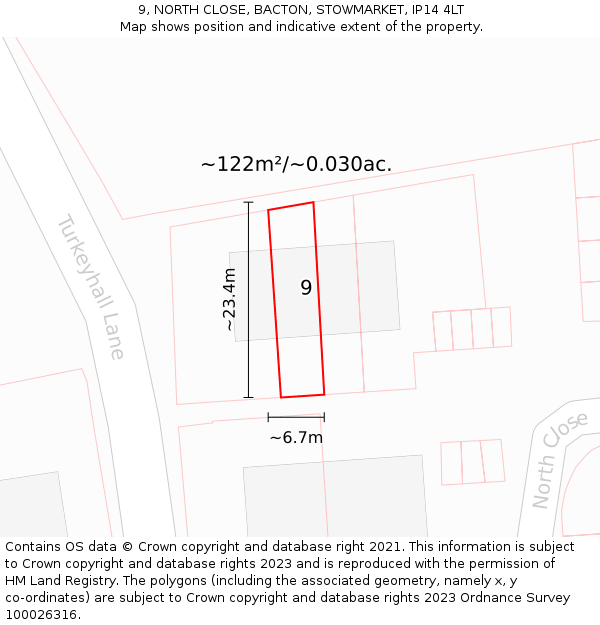 9, NORTH CLOSE, BACTON, STOWMARKET, IP14 4LT: Plot and title map