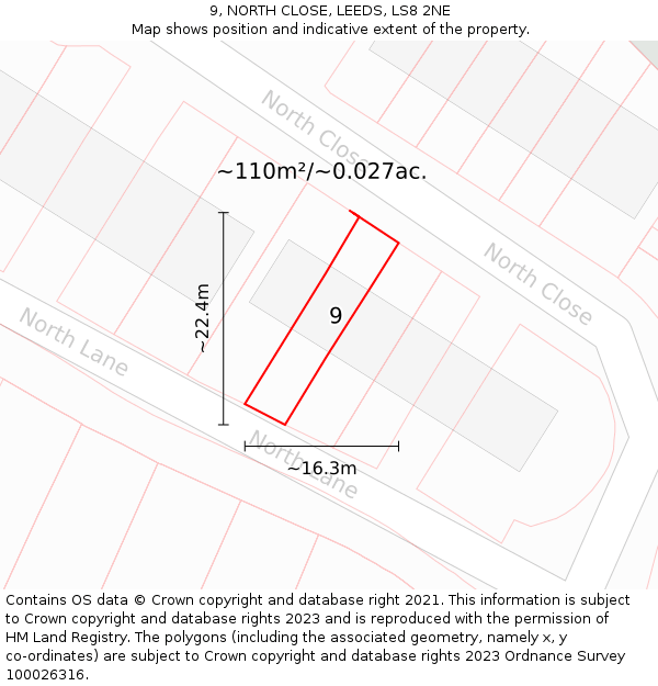 9, NORTH CLOSE, LEEDS, LS8 2NE: Plot and title map