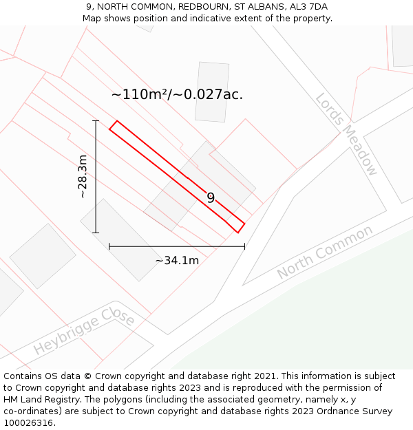 9, NORTH COMMON, REDBOURN, ST ALBANS, AL3 7DA: Plot and title map