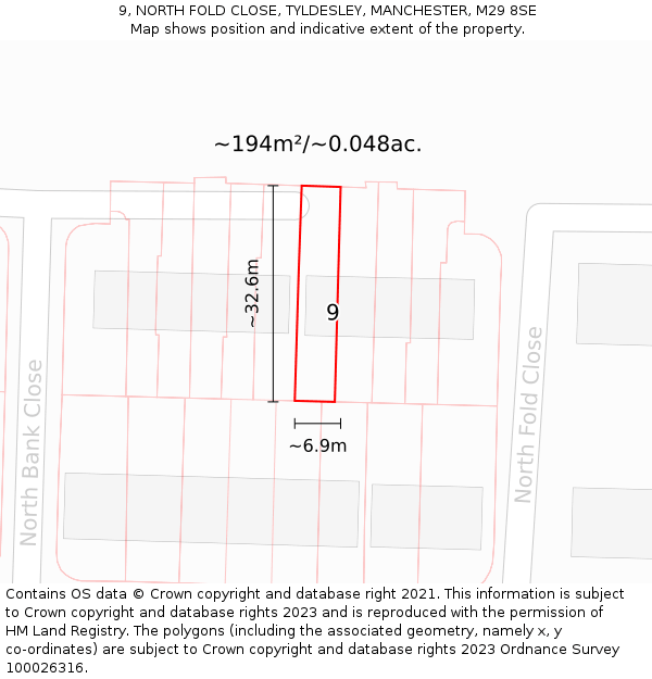 9, NORTH FOLD CLOSE, TYLDESLEY, MANCHESTER, M29 8SE: Plot and title map