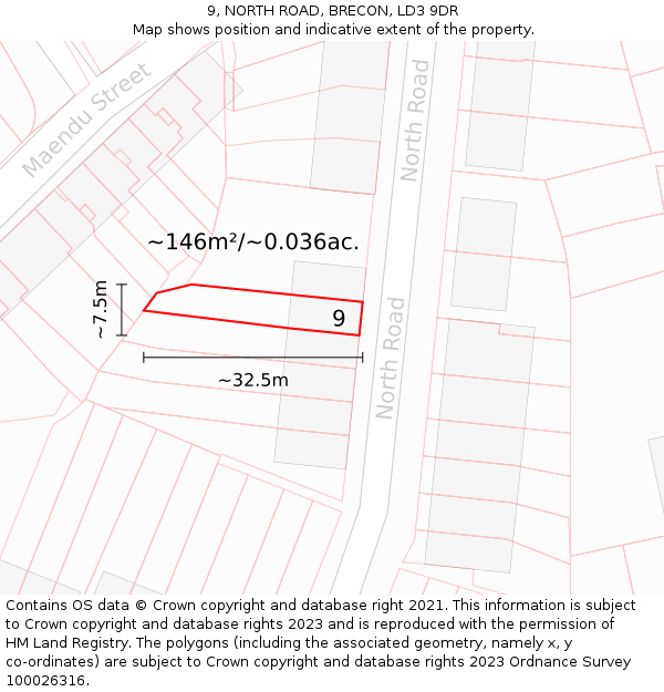 9, NORTH ROAD, BRECON, LD3 9DR: Plot and title map