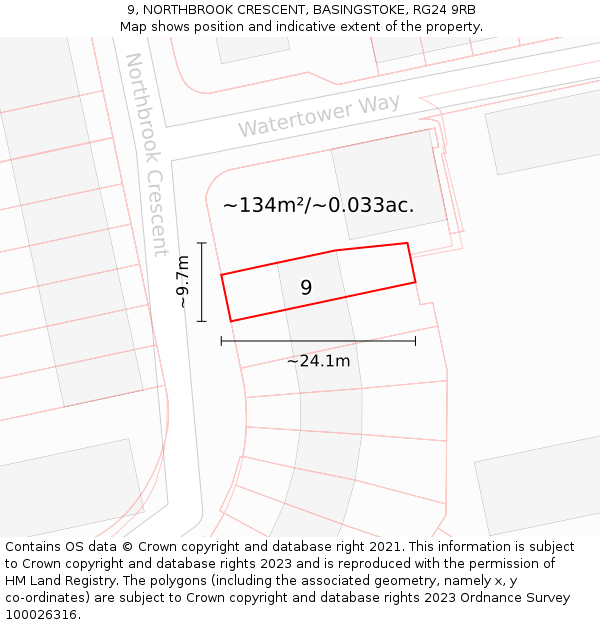9, NORTHBROOK CRESCENT, BASINGSTOKE, RG24 9RB: Plot and title map