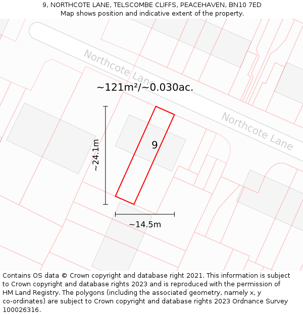 9, NORTHCOTE LANE, TELSCOMBE CLIFFS, PEACEHAVEN, BN10 7ED: Plot and title map