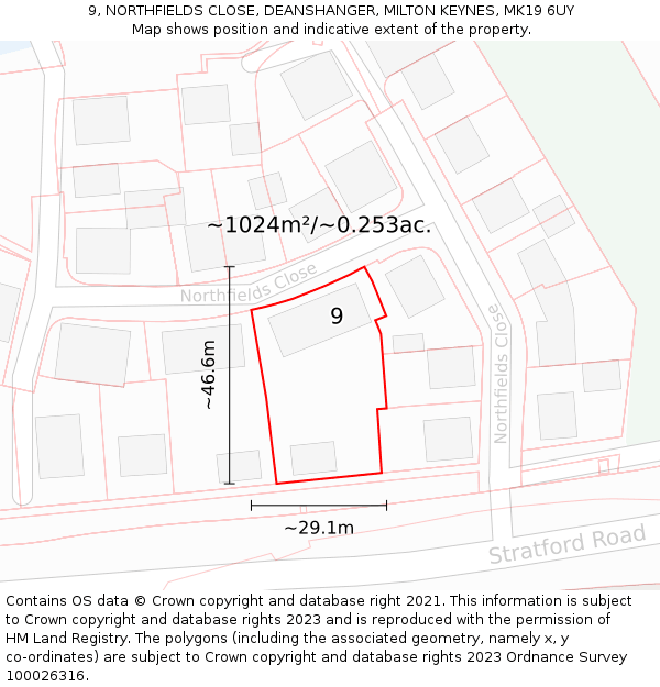 9, NORTHFIELDS CLOSE, DEANSHANGER, MILTON KEYNES, MK19 6UY: Plot and title map